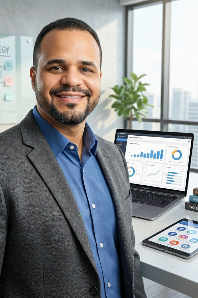 Profissional de marketing digital trabalhando em estratégias online no computador.